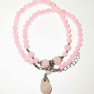 Pink Rose Quartz Round Bead and Teardrop/Pear Pendant Necklace w/Silvertone